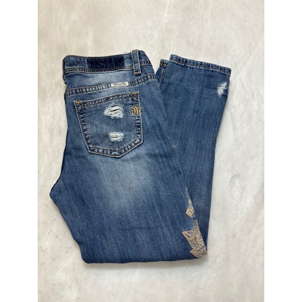 Miss Me Boyfriend Jeans‎ Embellished Floral Distressed Blue Size 27 JB7664A